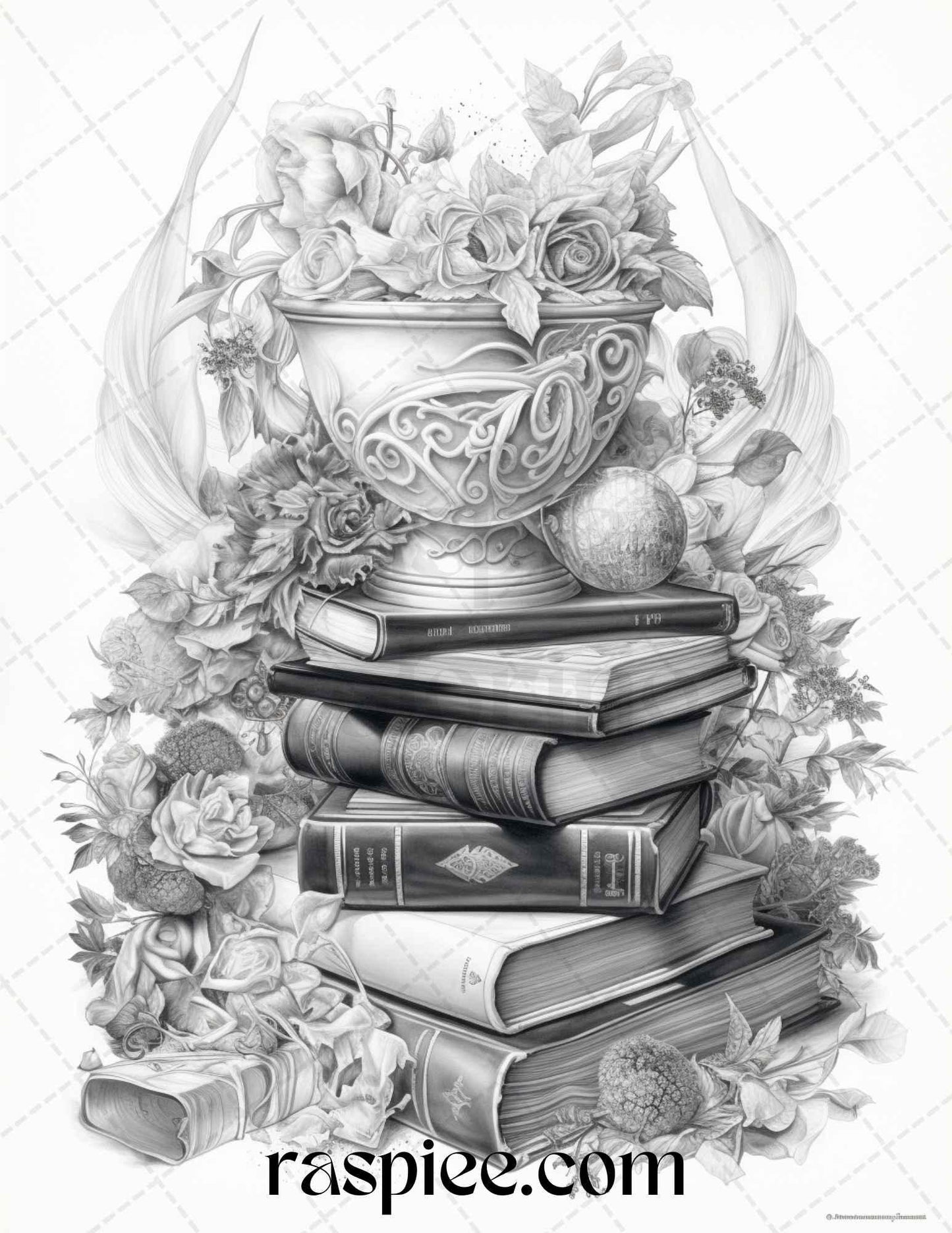 50 Magical Books Grayscale Coloring Pages Printable for Adults, PDF File Instant Download