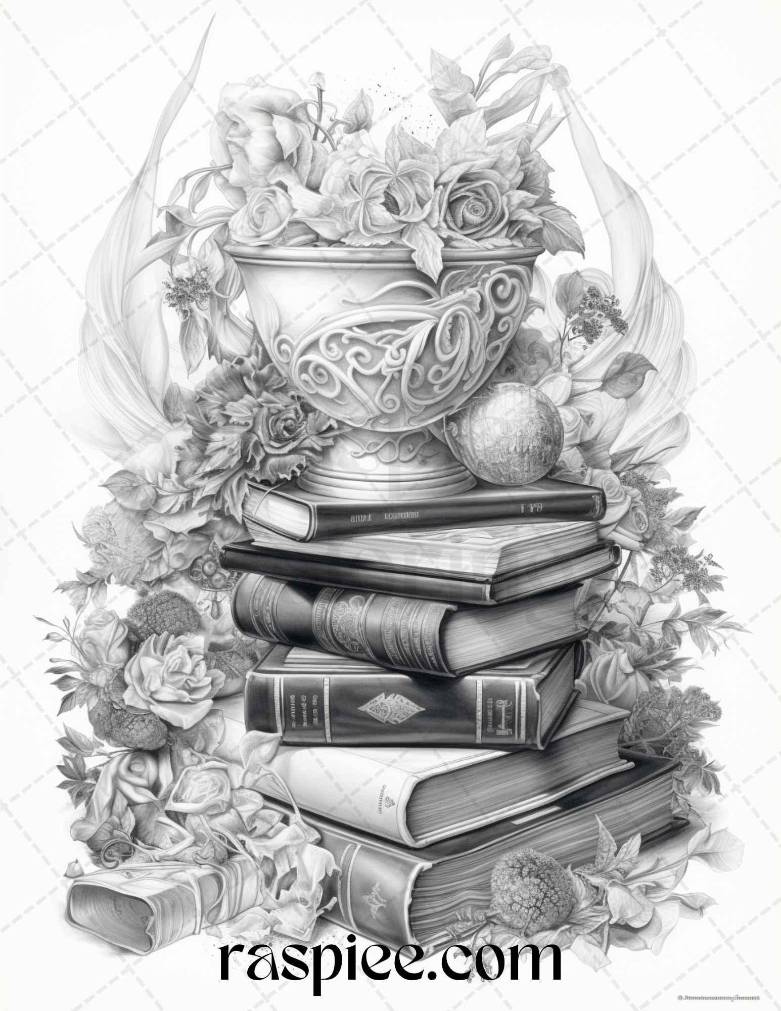 50 Magical Books Grayscale Coloring Pages Printable for Adults, PDF File Instant Download