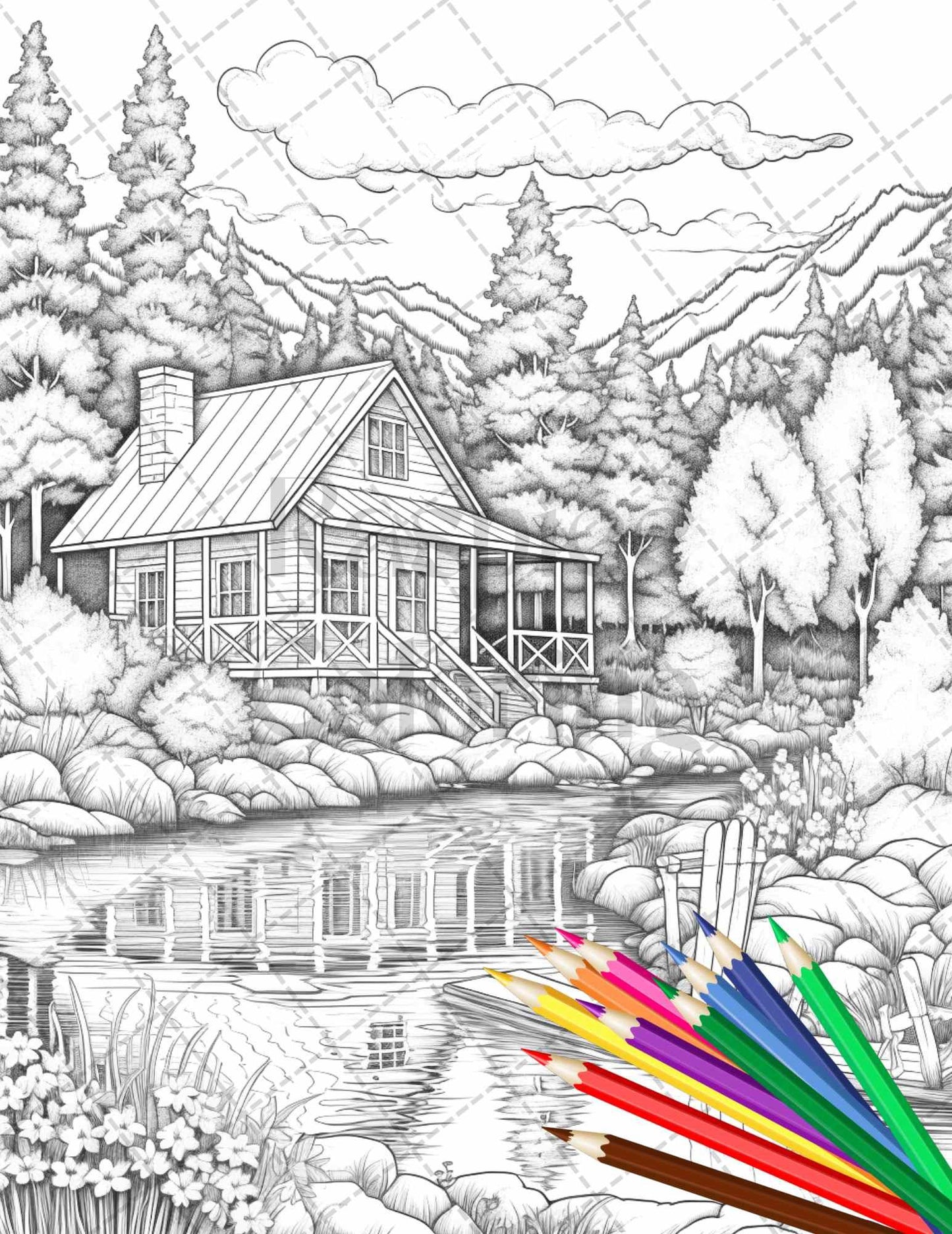Lake Cabin Scenery Grayscale Coloring Pages Printable for Adults, PDF File Instant Download