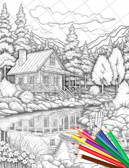Lake Cabin Scenery Grayscale Coloring Pages Printable for Adults, PDF File Instant Download