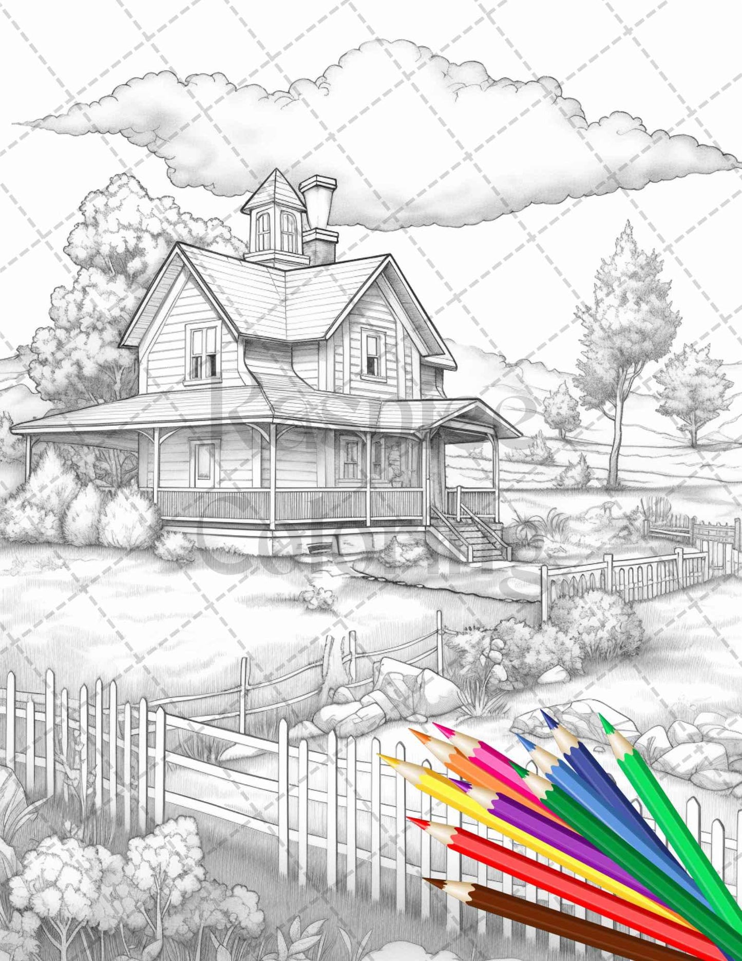 Charming Farmhouse Scenery Grayscale Coloring Pages Printable for Adults, PDF File Instant Download