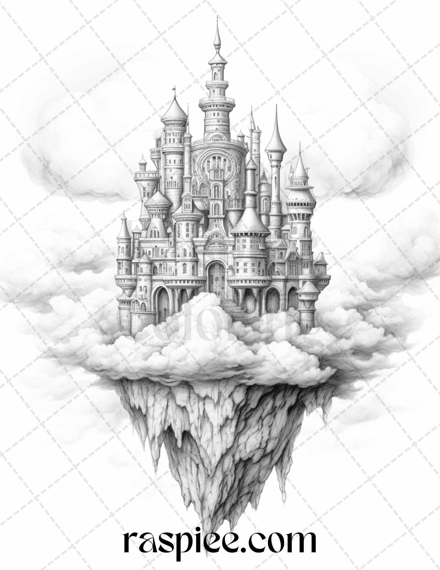 Floating Castle in the Sky Grayscale Coloring Pages for Adults, Printable PDF File Instant Download