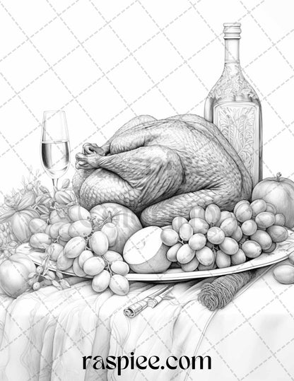 Thanksgiving Dinner Grayscale Coloring Pages for Adults, Relaxing Fall Coloring Sheets, Printable PDF File Instant Download