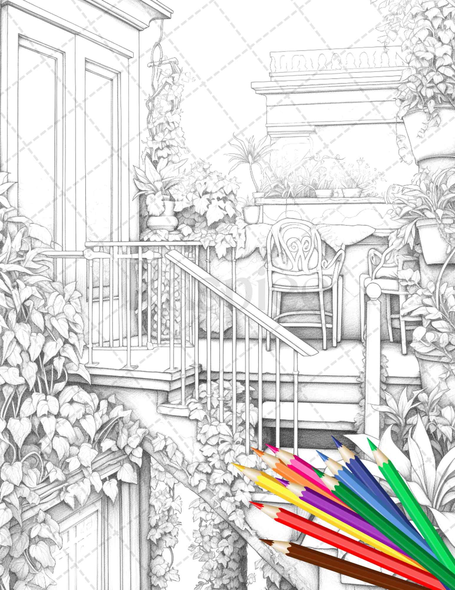 Charming Balcony Garden Grayscale Coloring Pages Printable for Adults, PDF File Instant Download
