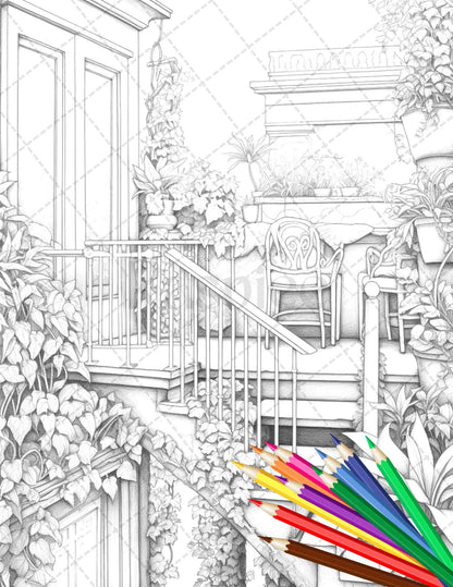 Charming Balcony Garden Grayscale Coloring Pages Printable for Adults, PDF File Instant Download