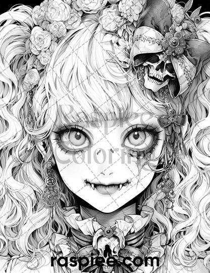 60 Horror Beauties Grayscale Coloring Pages Printable for Adults, PDF File Instant Download