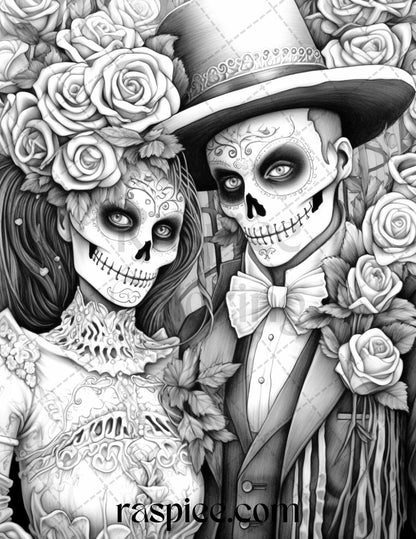 50 Day of the Dead Grayscale Coloring Pages Printable for Adults, PDF File Instant Download