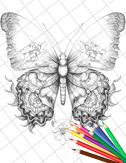 32 Beautiful Moths and Floral Coloring Book for Adults, Grayscale Coloring Page, Printable PDF Instant Download