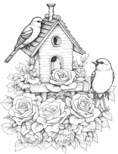 Free Flower Bird House Grayscale Coloring Pages Printable for Adults, PDF File Instant Download