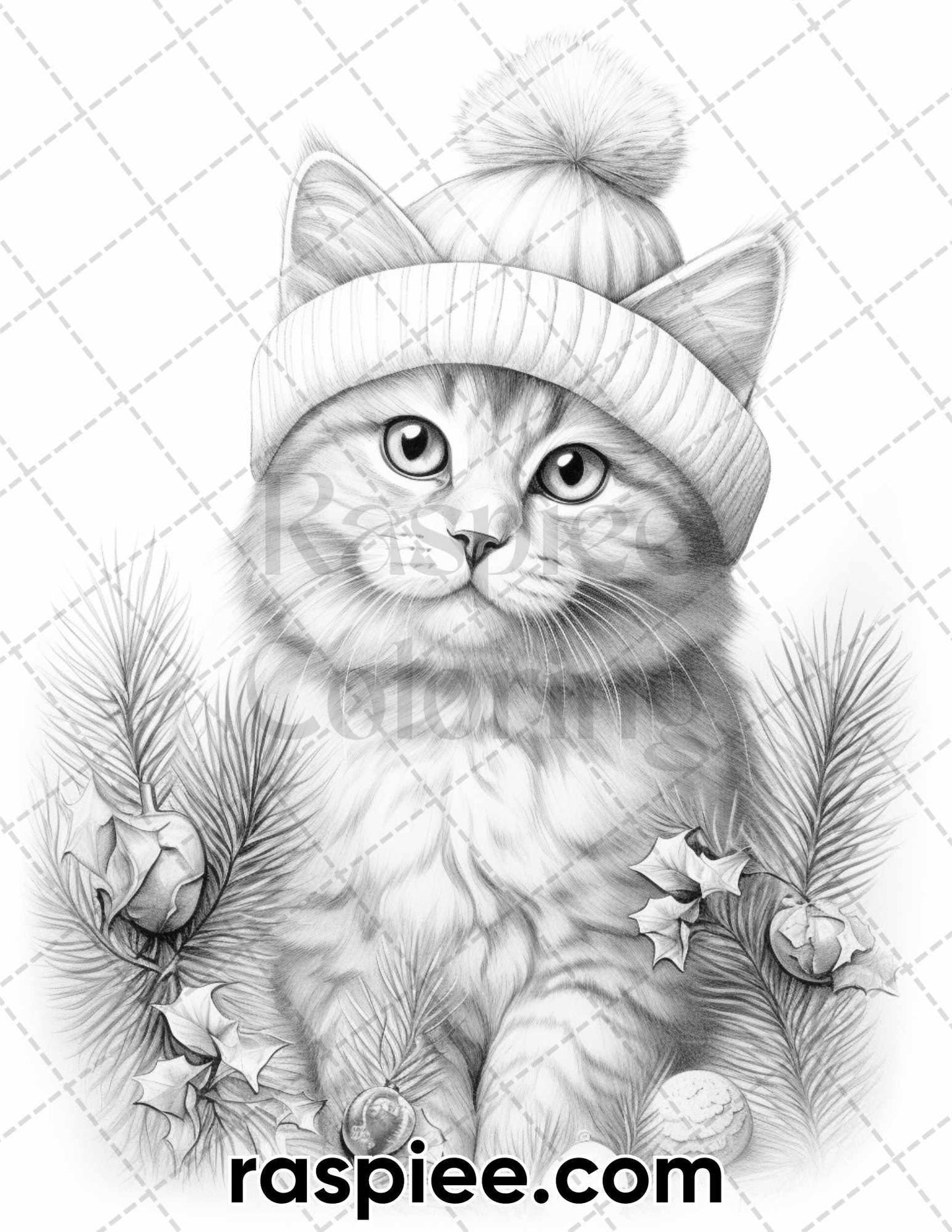 40 Christmas Cats Grayscale Coloring Pages for Adults, Printable PDF Instant Download