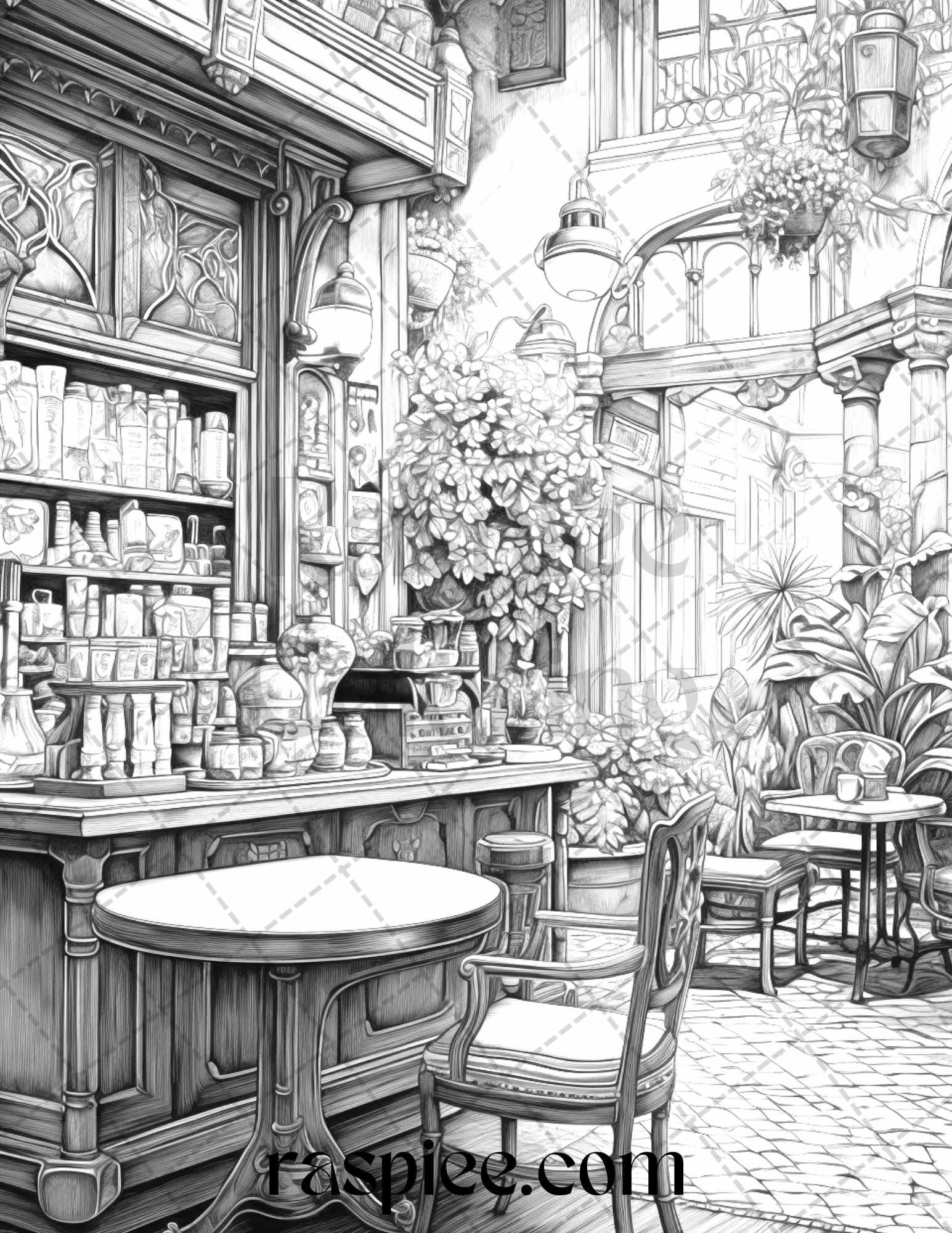 50 Cozy Coffee Shop Grayscale Coloring Pages Printable for Adults, PDF File Instant Download