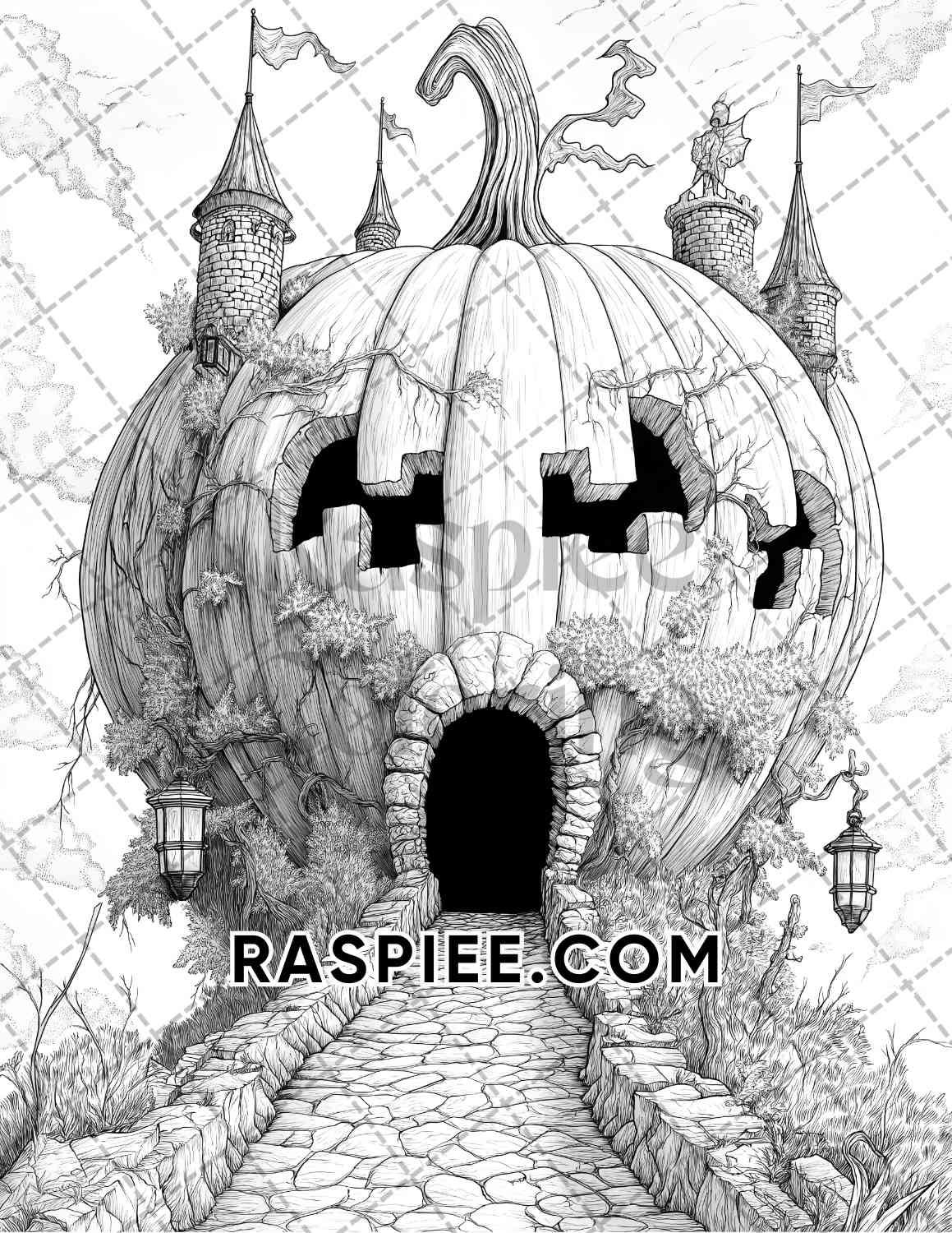 Fantasy Giant Pumpkin Castles Adult Coloring Pages Printable PDF Instant Download