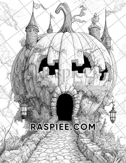 Fantasy Giant Pumpkin Castles Adult Coloring Pages Printable PDF Instant Download