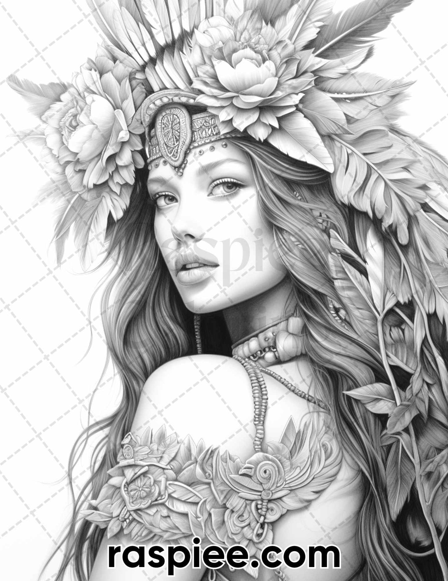 60 Bohemian Beauties Grayscale Coloring Pages for Adults, Printable PDF Instant Download