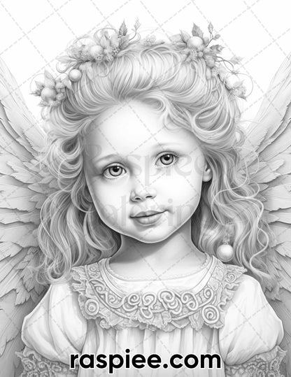 55 Christmas Angel Grayscale Coloring Pages for Adults, Printable PDF Instant Download