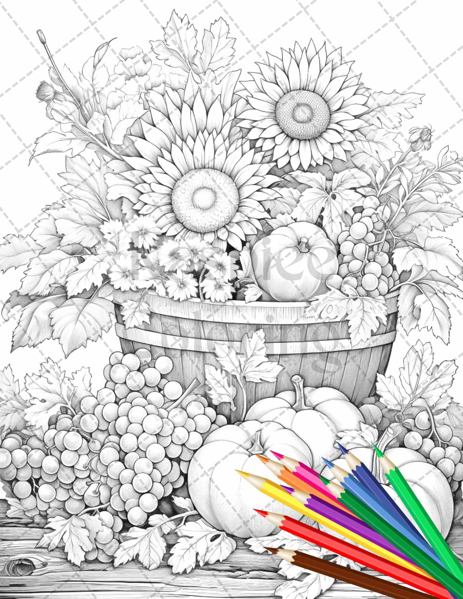 Autumn Harvest Grayscale Coloring Pages Printable for Adults, Relaxing Fall Themed Art, PDF File Instant Download