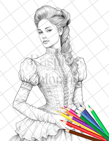 50 Victorian Fashion Grayscale Coloring Pages Printable for Adults, PDF File Instant Download