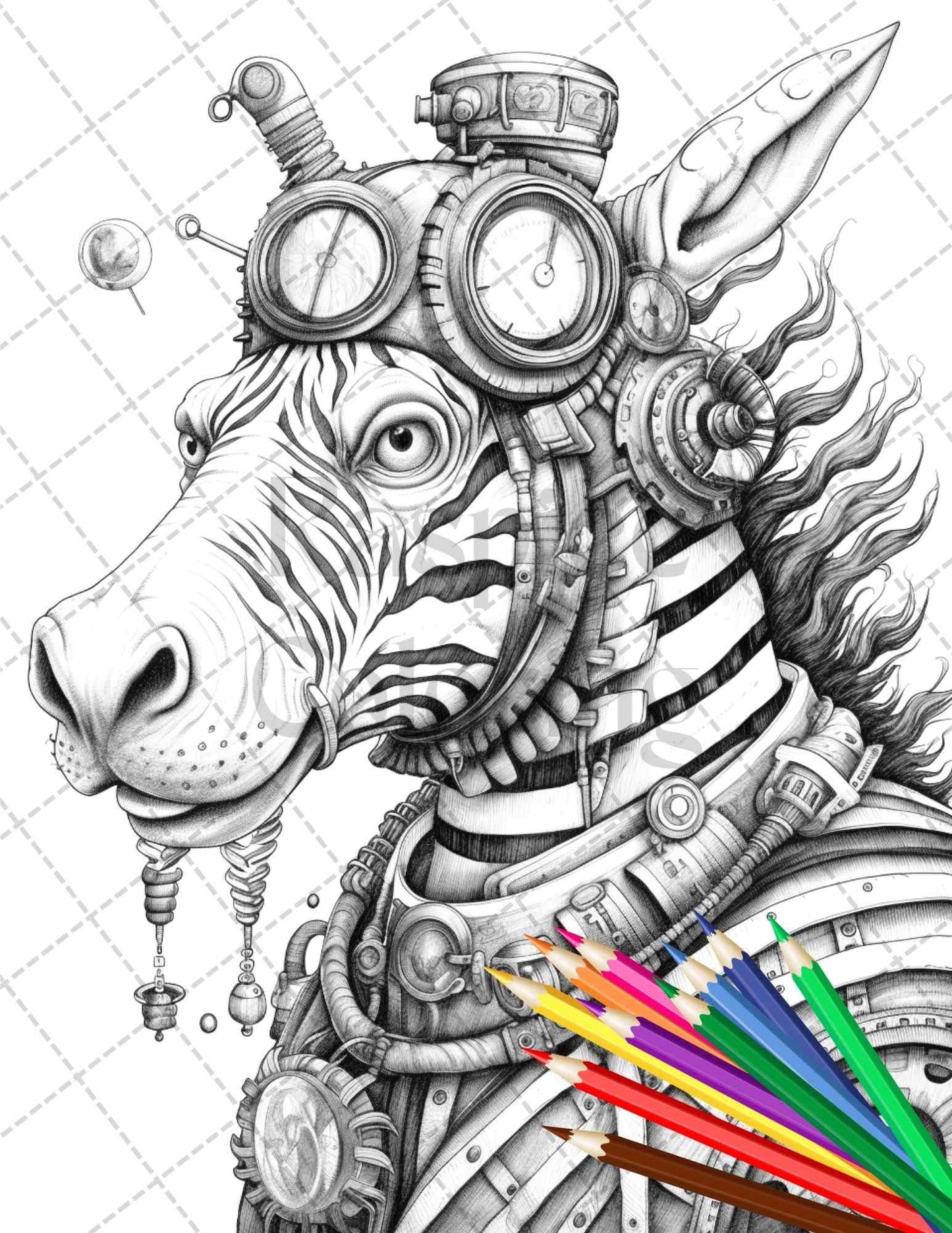 60 Steampunk Animals Grayscale Coloring Pages Printable for Adults, PDF File Instant Download