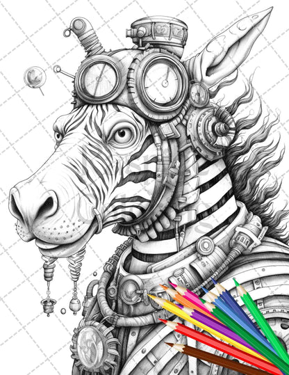 60 Steampunk Animals Grayscale Coloring Pages Printable for Adults, PDF File Instant Download
