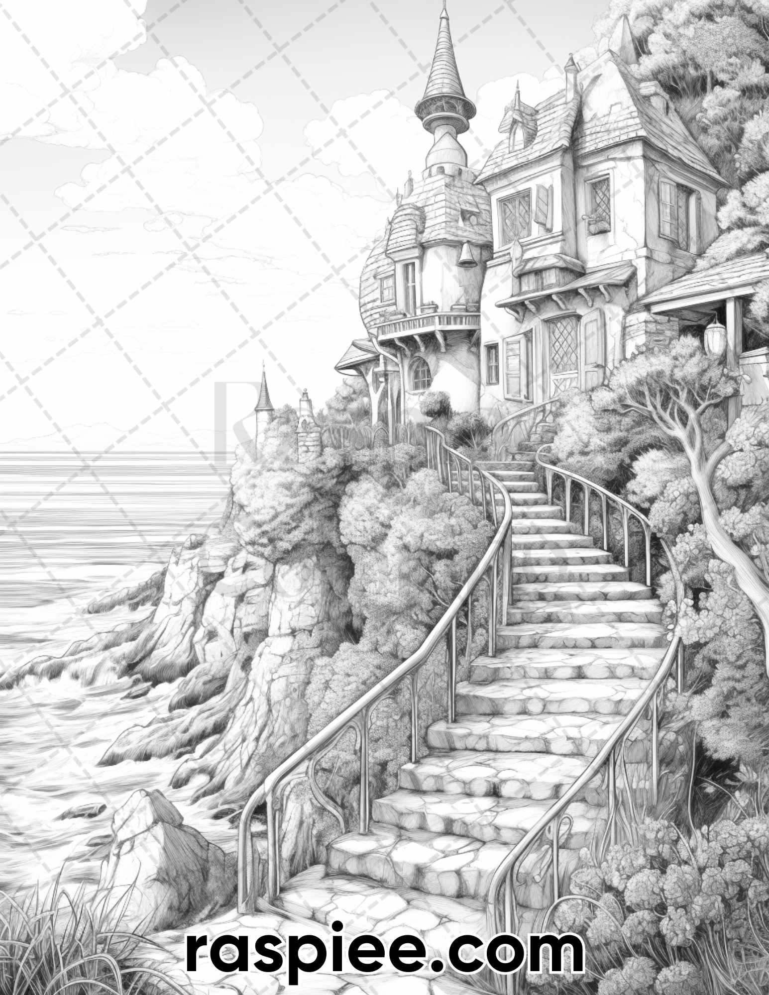 50 Fairy Beach Houses Grayscale Coloring Pages for Adults, Printable PDF Instant Download