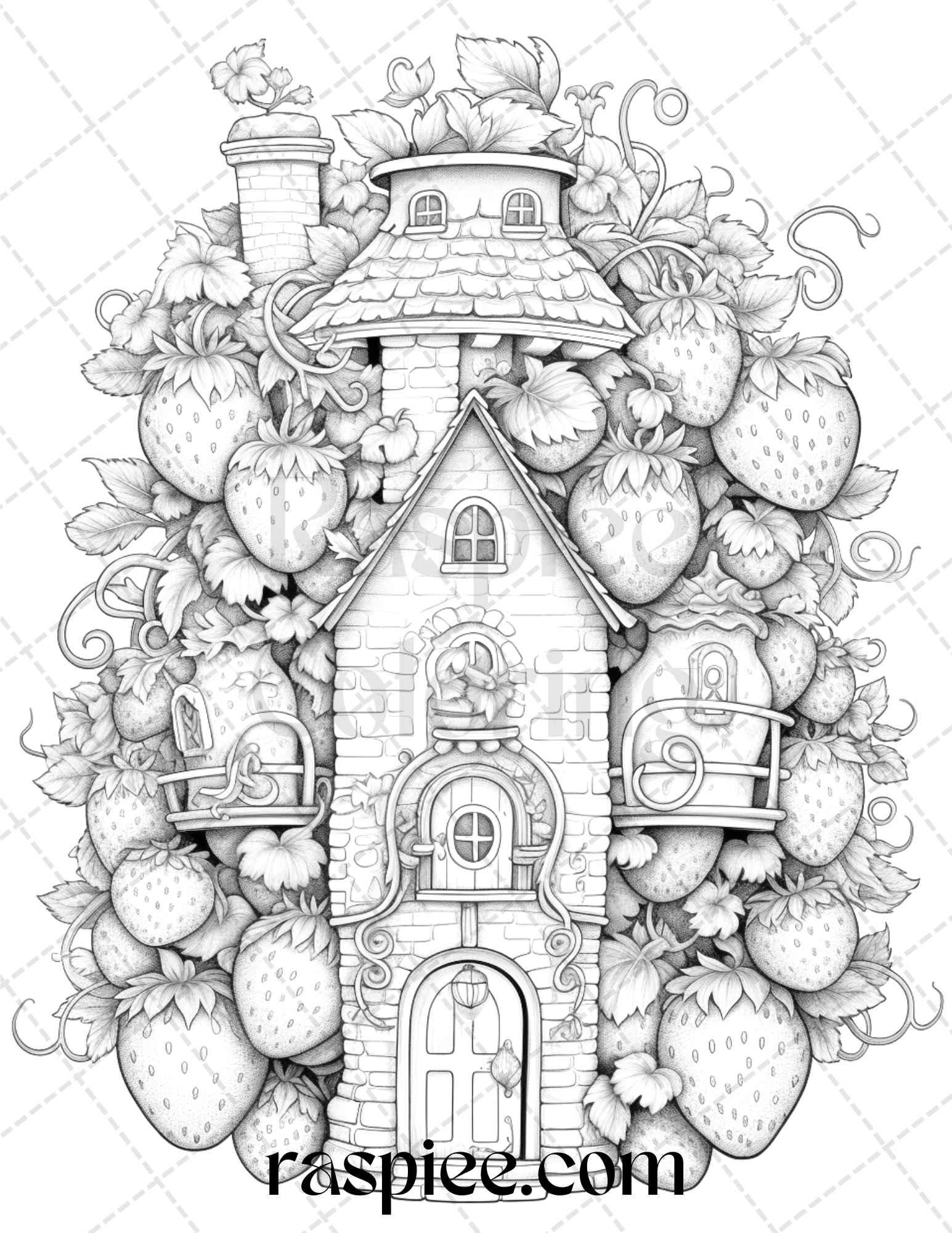 50 Strawberry Houses Grayscale Coloring Pages Printable for Adults Kids, PDF File Instant Download