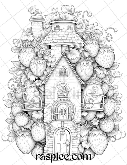 50 Strawberry Houses Grayscale Coloring Pages Printable for Adults Kids, PDF File Instant Download