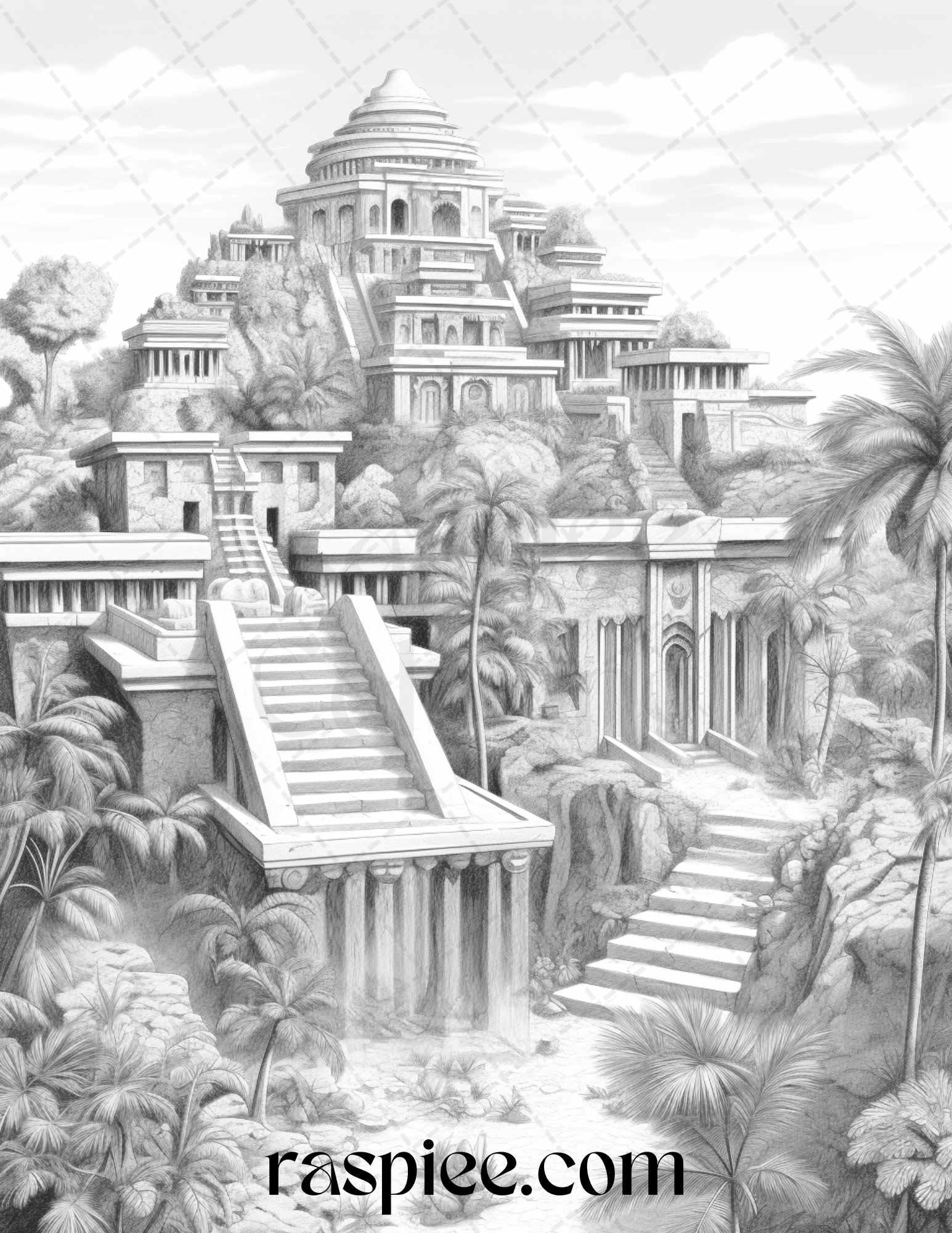 Hanging Gardens of Babylon Grayscale Coloring Pages Printable, PDF File Instant Download