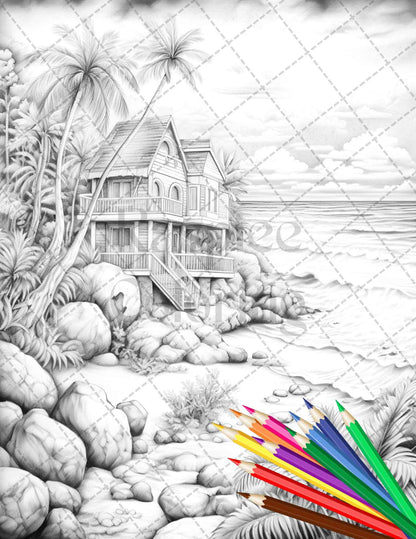 Beautiful Tropical Beach Grayscale Coloring Pages Printable for Adults, PDF File Instant Download