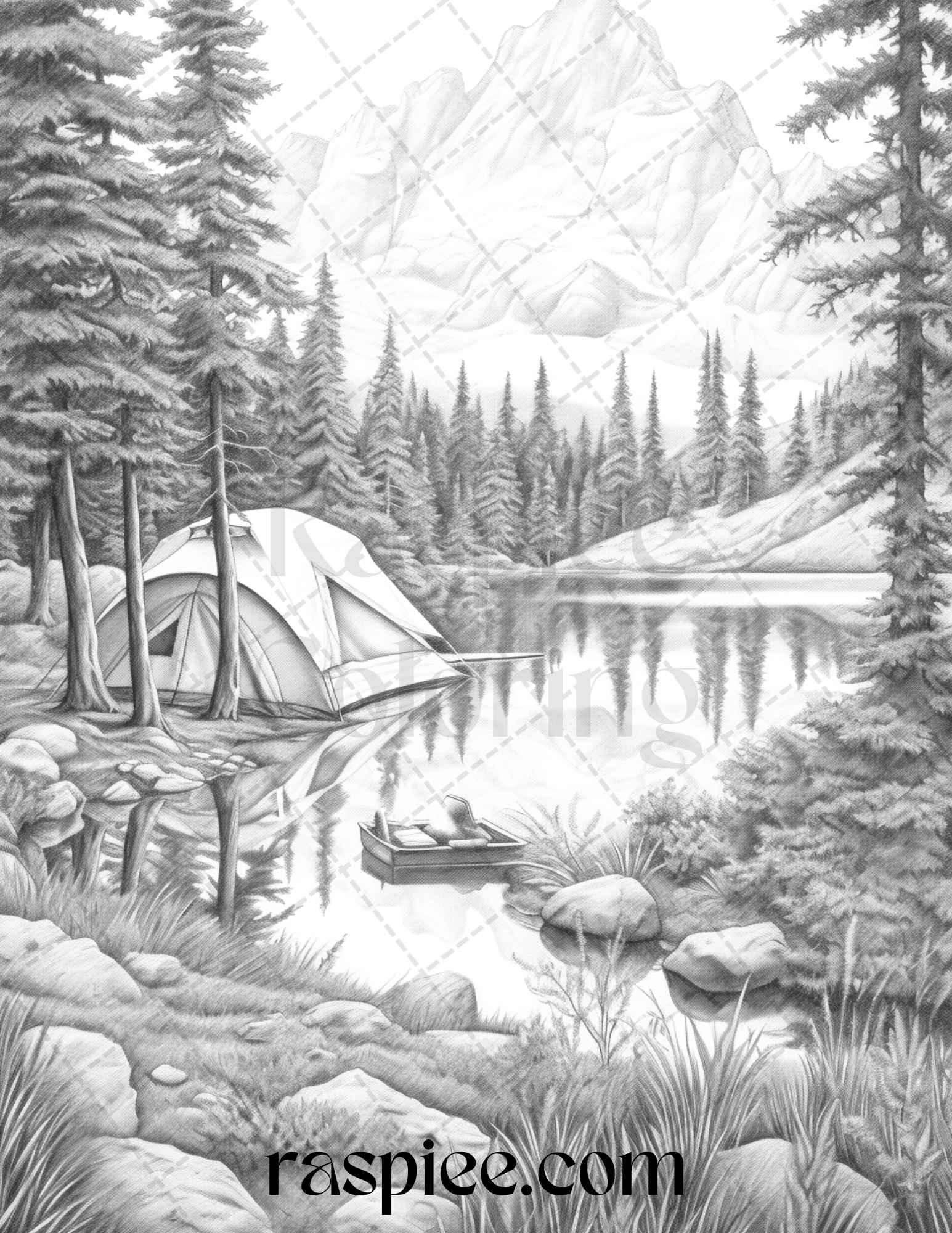 Nature Camping Grayscale Coloring Pages Printable, Relaxing Outdoor Scenes, PDF File Instant Download