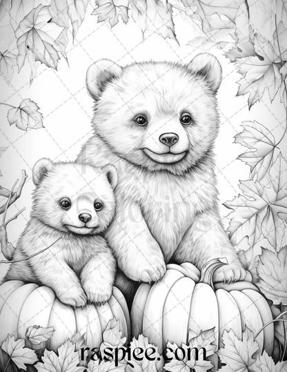 Autumn Animals Grayscale Coloring Pages for Adults and Kids, Printable PDF File Instant Download