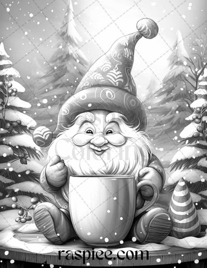 60 Christmas Gnomes Grayscale Coloring Pages Printable for Adults and Kids, PDF File Instant Download