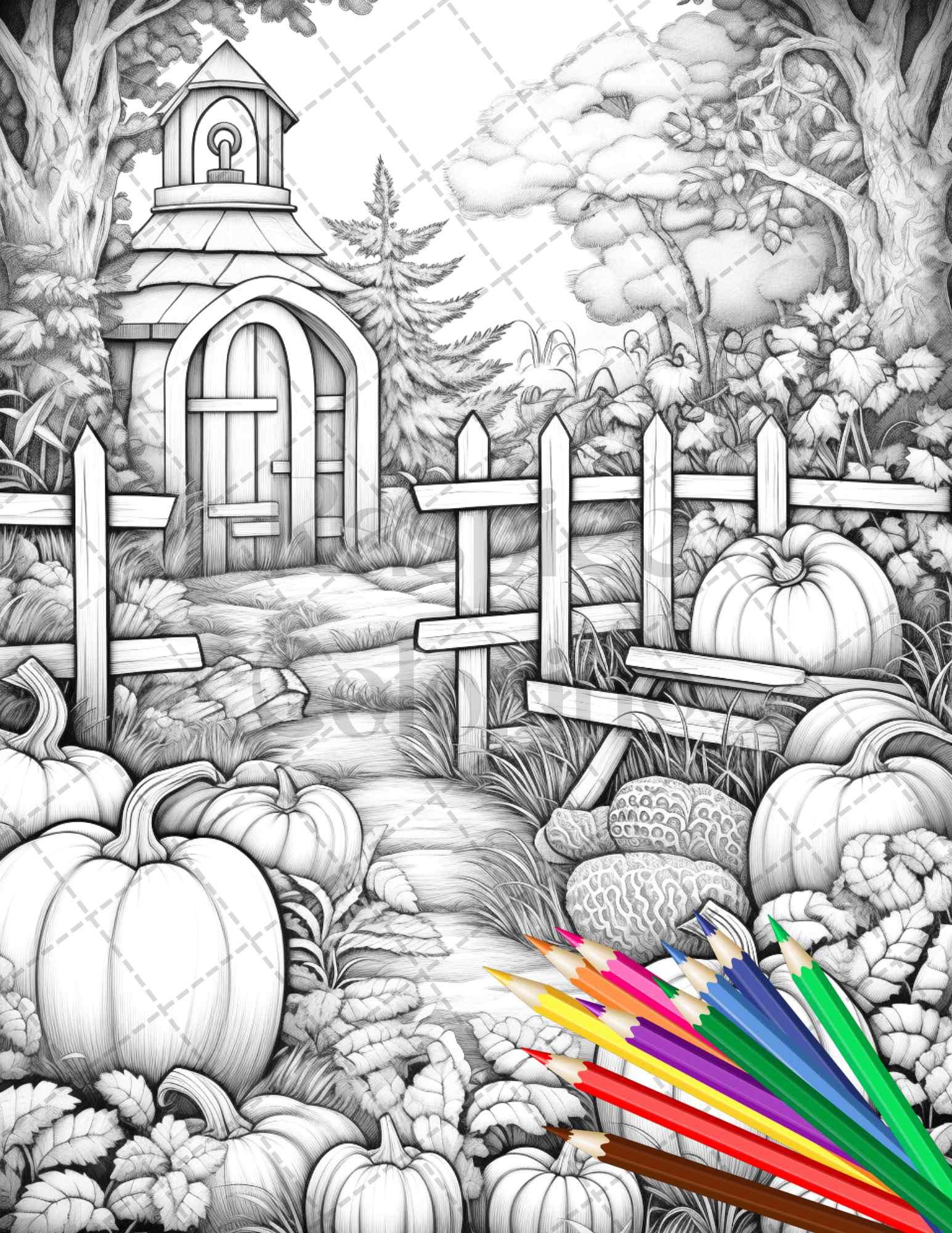 Pumpkin Garden Scenery Grayscale Coloring Pages Printable for Adults, PDF File Instant Download