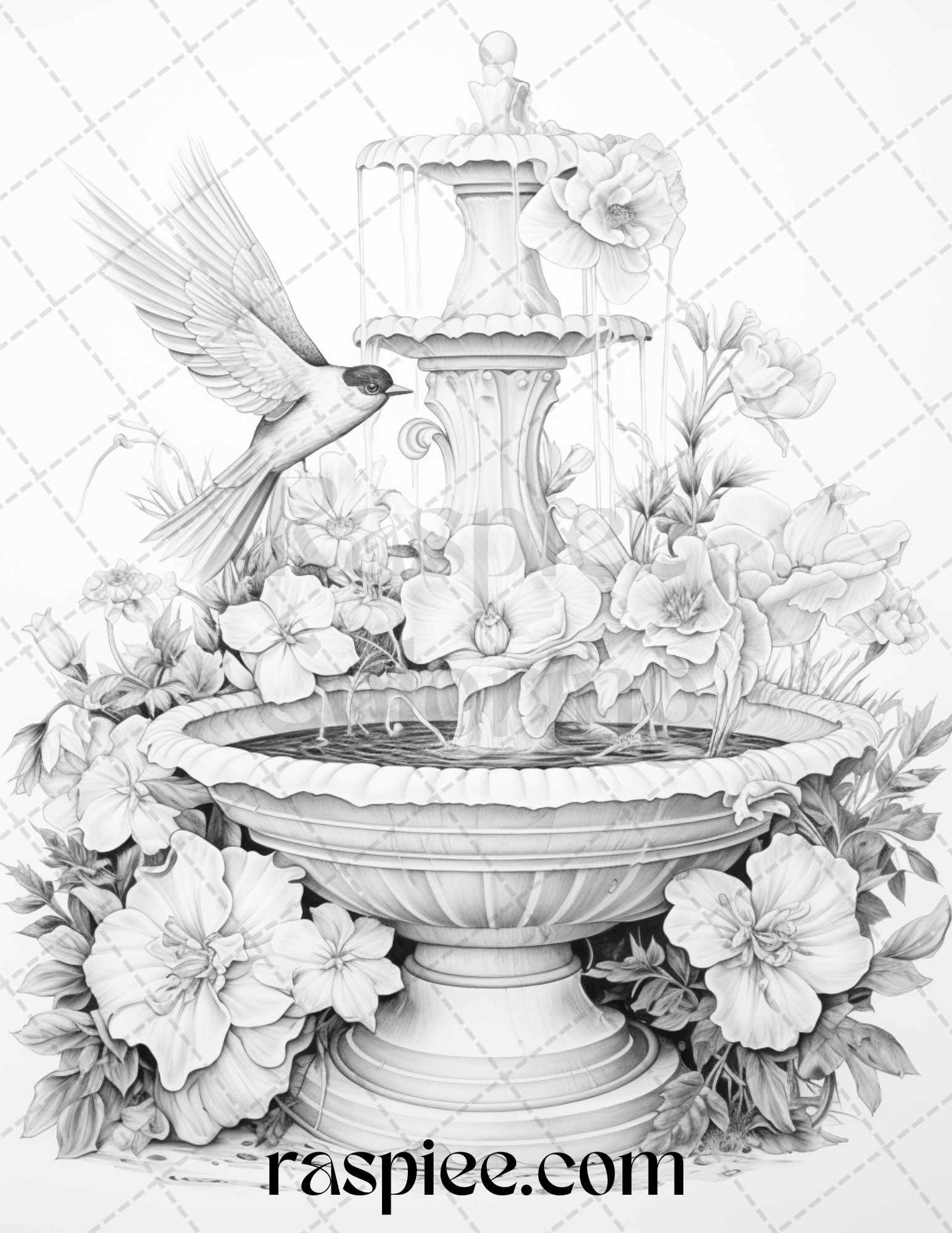 32 Blooming Fountains Grayscale Coloring Pages Printable for Adults, PDF File Instant Download