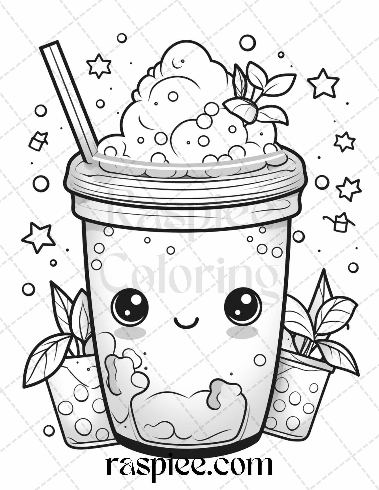 50 Cute Kawaii Boba Tea Grayscale Coloring Pages for Adults and Kids, Printable PDF File Instant Download