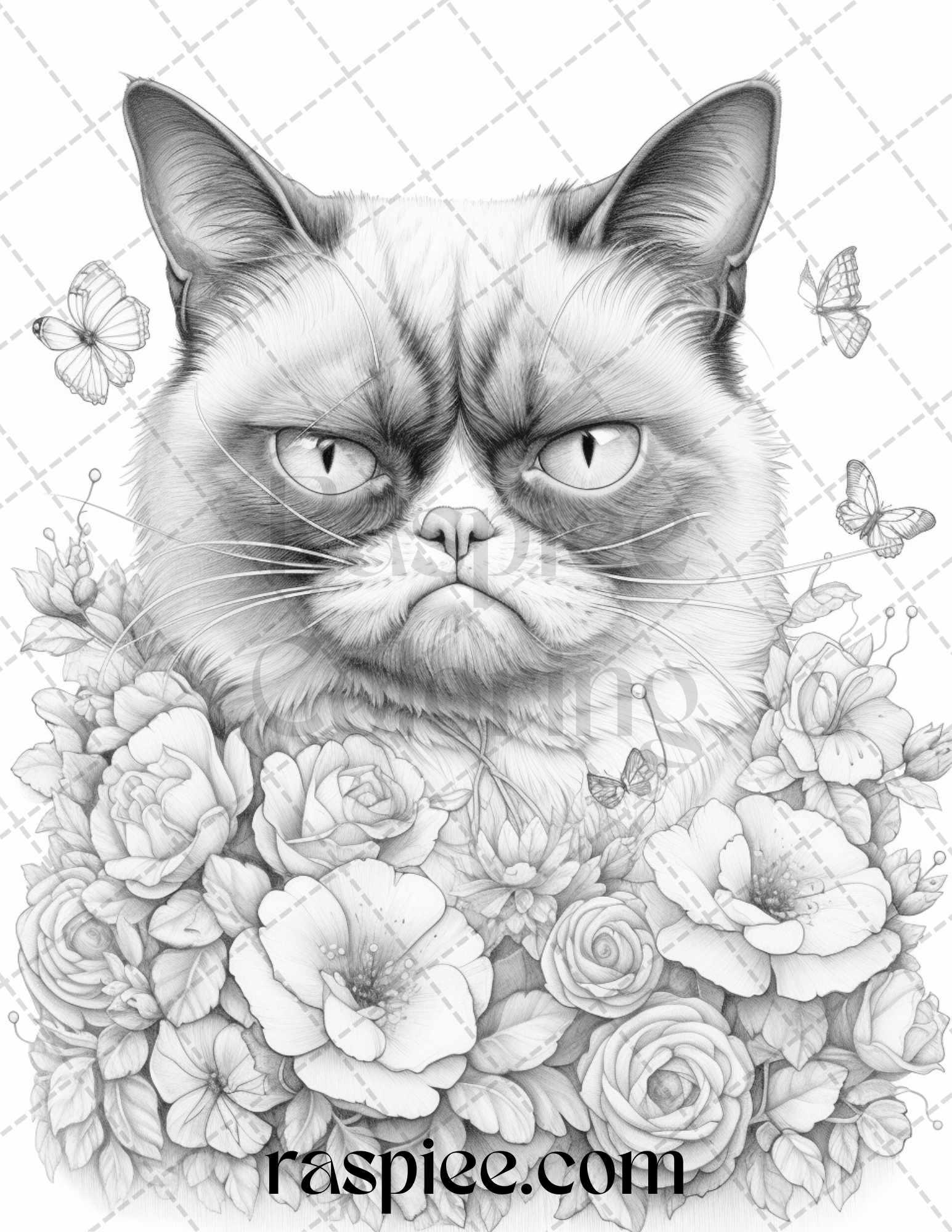 50 Grumpy Cat Grayscale Coloring Pages Printable for Adults, PDF File Instant Download