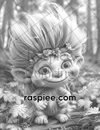 65 Fantasy Little Trolls Grayscale Adult Coloring Pages Printable PDF Instant Download