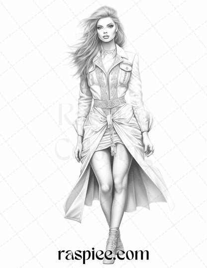 Fashion Show Grayscale Coloring Pages Printable for Adults, PDF File Instant Download