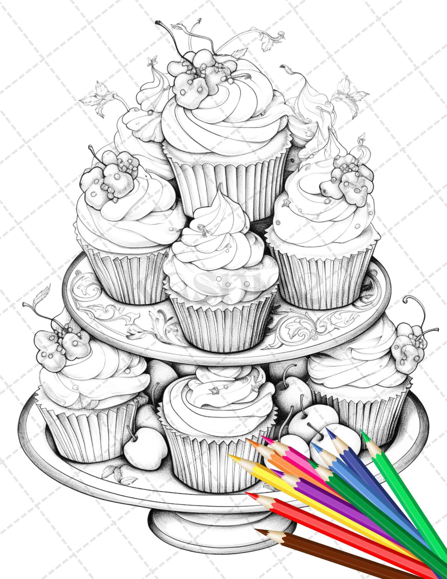 36 Sweet Desserts Coloring Pages Printable for Adults, Grayscale Coloring Page, PDF File Instant Download