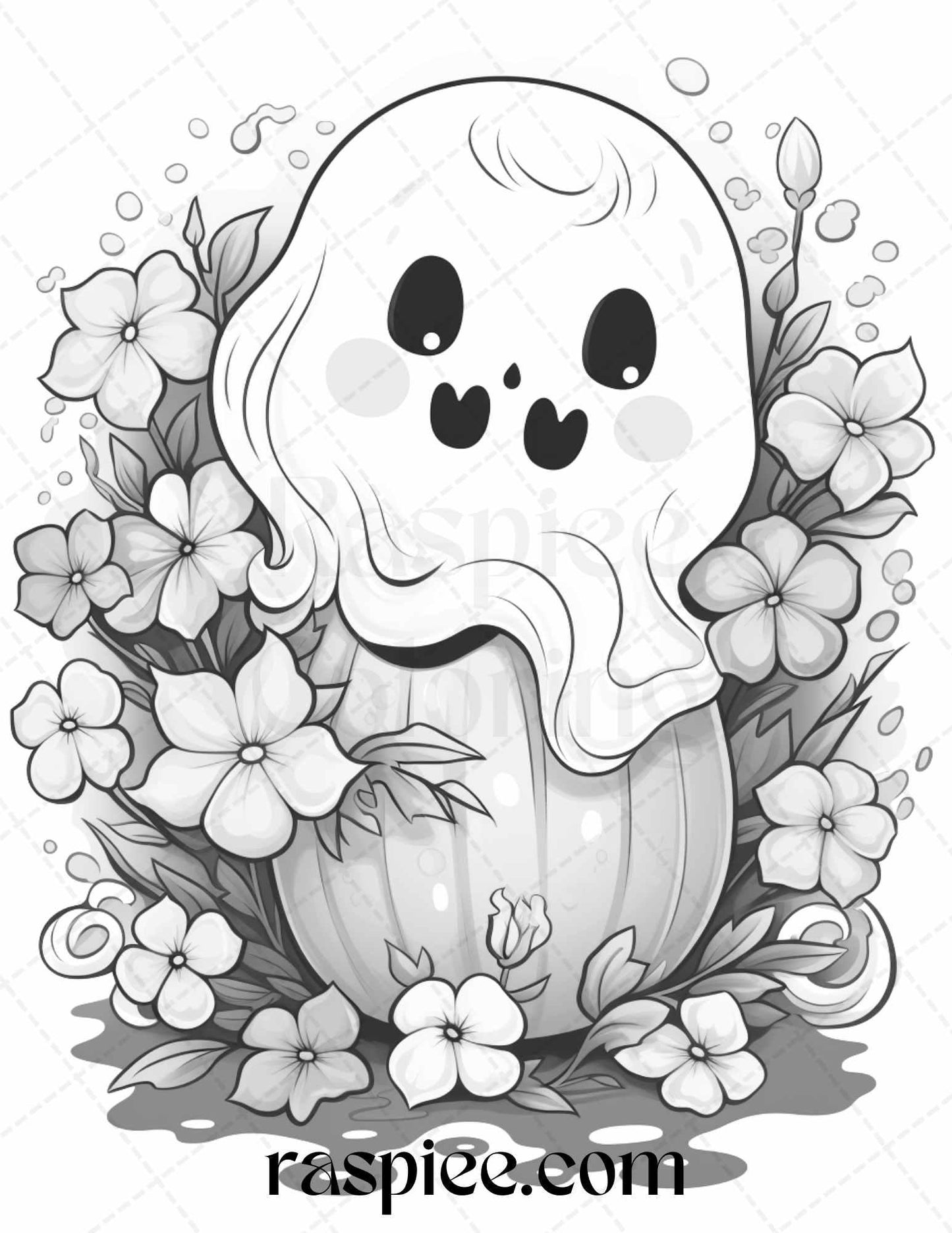 50 Halloween Cute Ghosts Grayscale Coloring Printable for Adults Kids, PDF File Instant Download