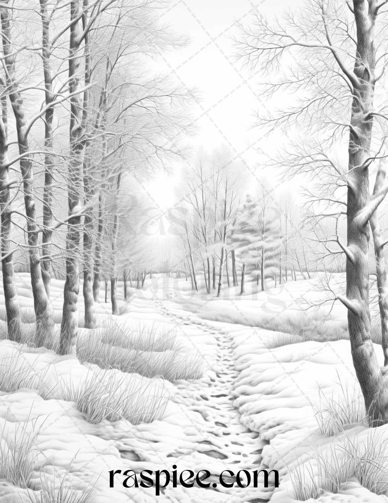 Winter Scenery Grayscale Coloring Pages Printable, Relaxing Snowy Landscapes, PDF File Instant Download