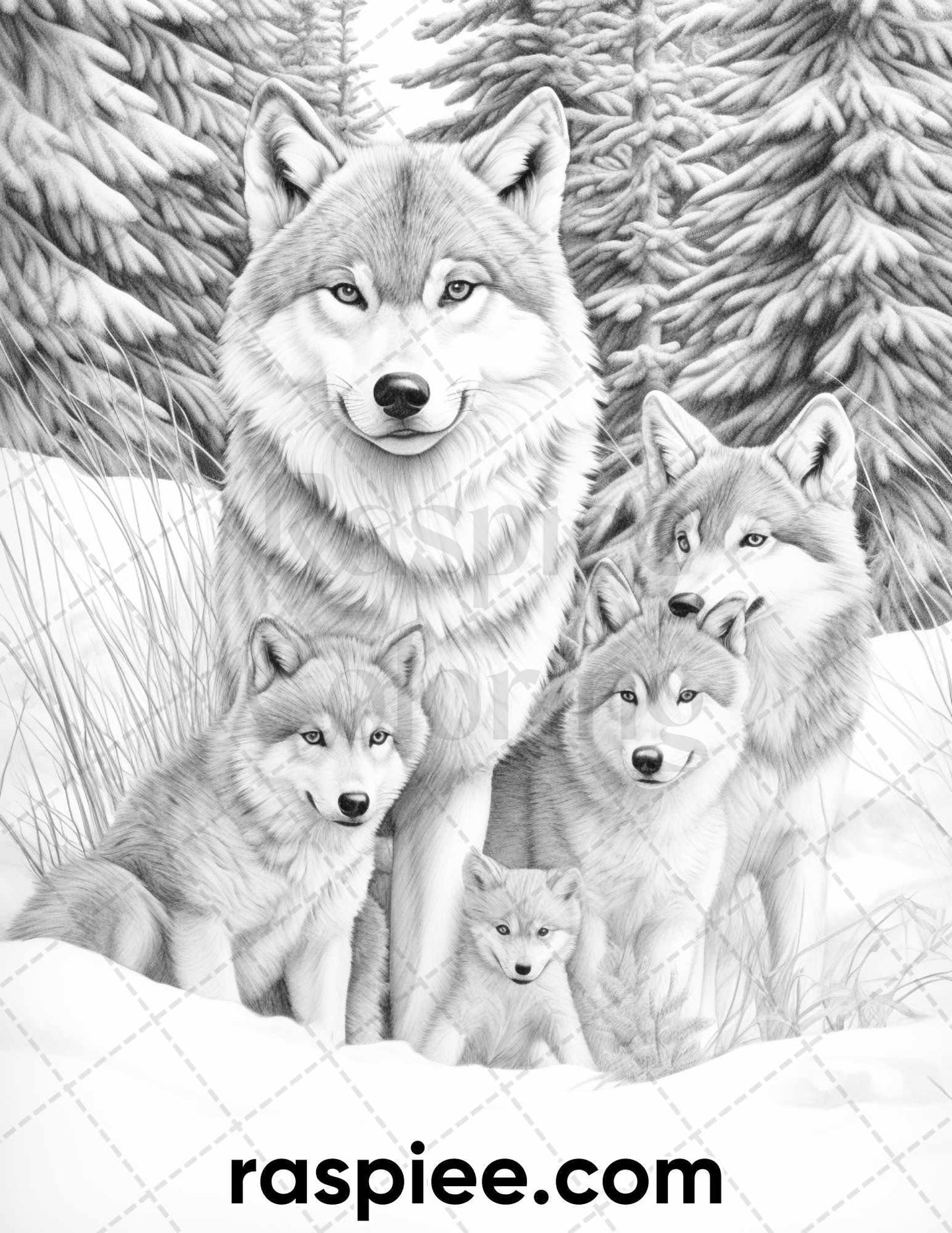 50 Winter Wolf Grayscale Coloring Pages for Adults, Printable PDF Instant Download