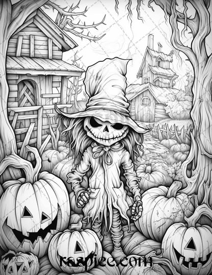 50 Halloween Scarecrows Grayscale Coloring Pages Printable for Adults, PDF File Instant Download