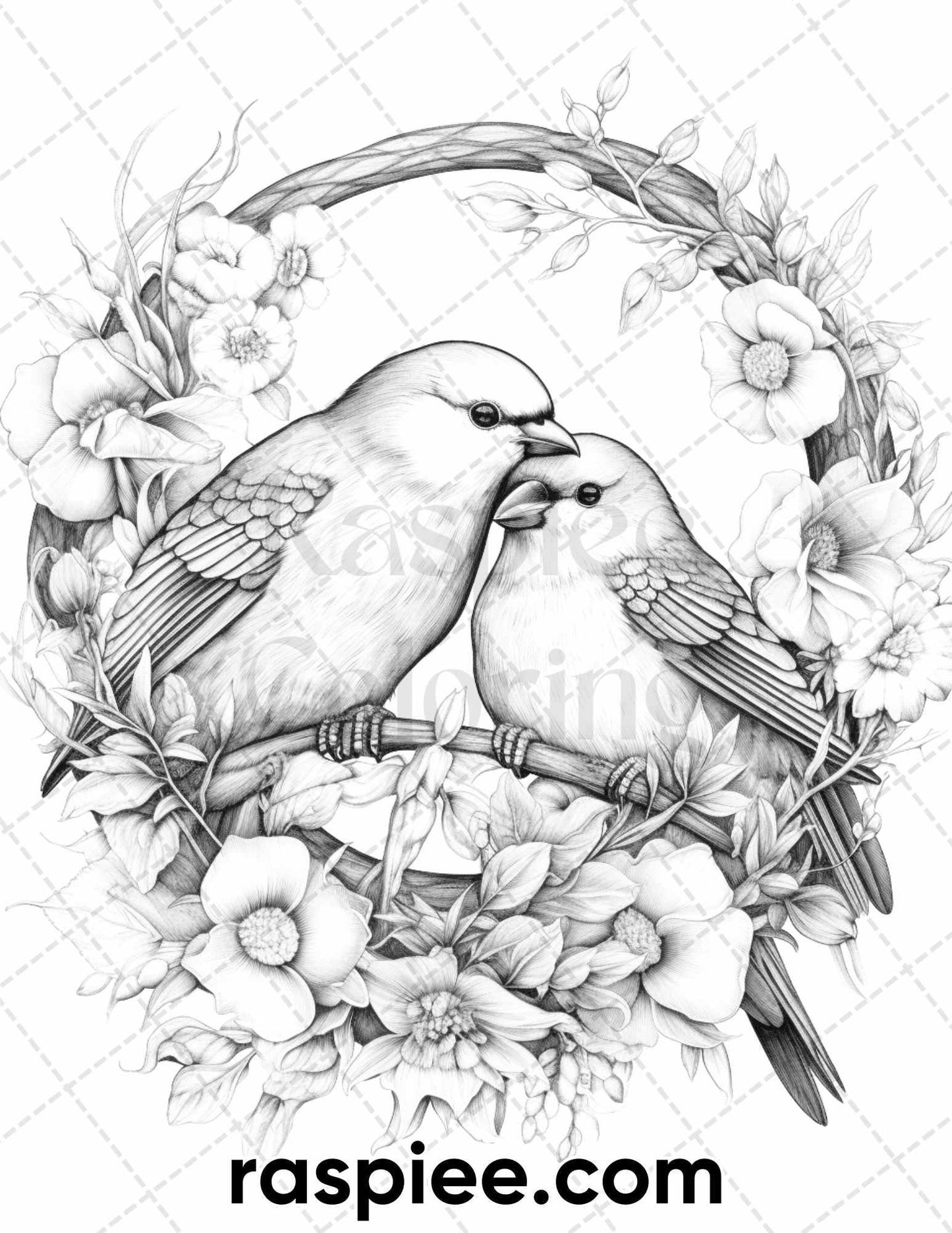 50 Lovebird Couple with Flowers Grayscale Coloring Pages for Adults, Printable PDF Instant Download