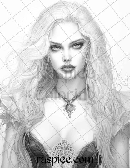 Bewitching Vampires Grayscale Coloring Pages Printable for Adults, PDF File Instant Download