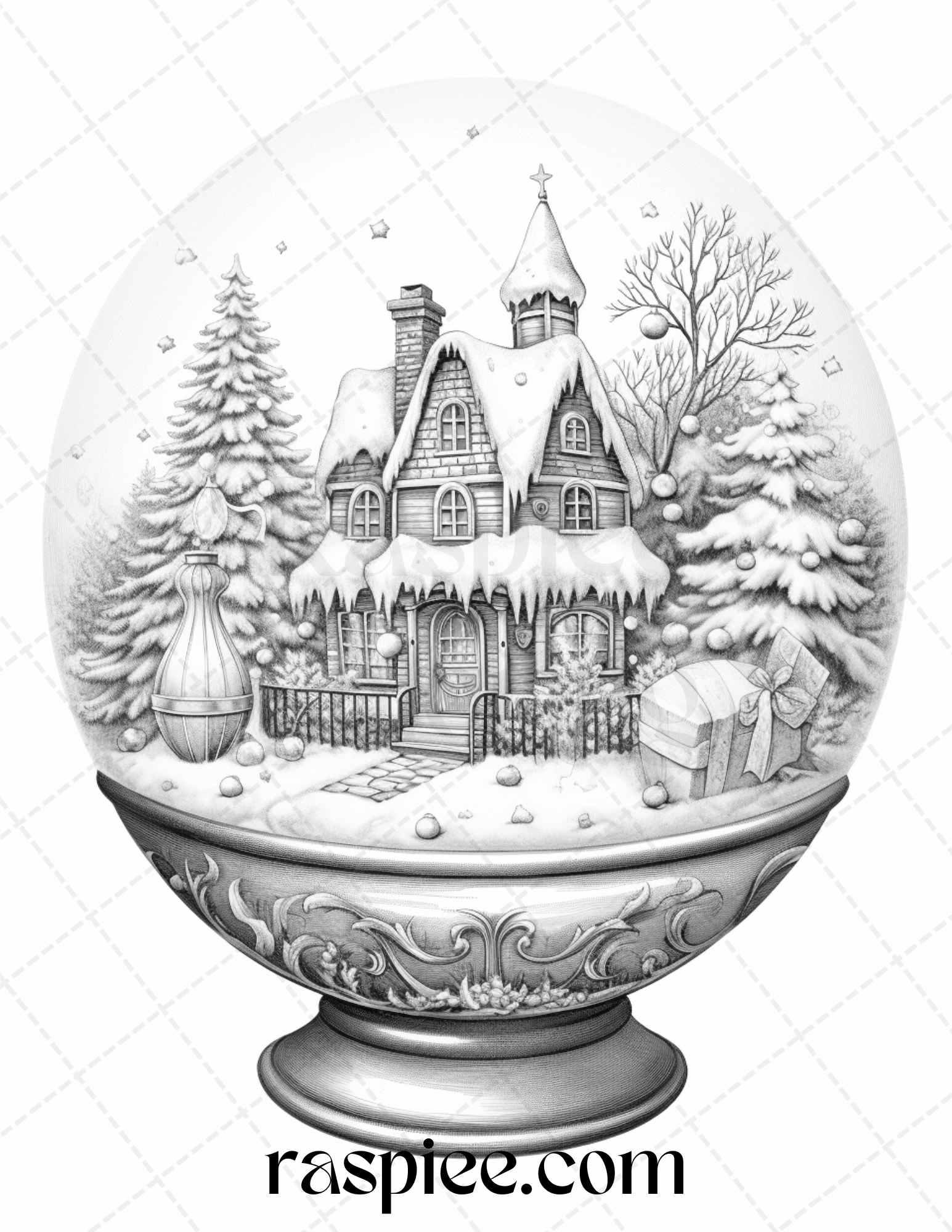 Cozy Cabin in Snow Globe Grayscale Coloring Pages Printable for Adults, PDF File Instant Download