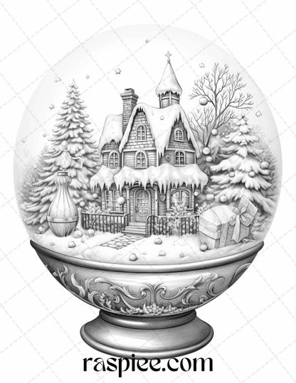 Cozy Cabin in Snow Globe Grayscale Coloring Pages Printable for Adults, PDF File Instant Download