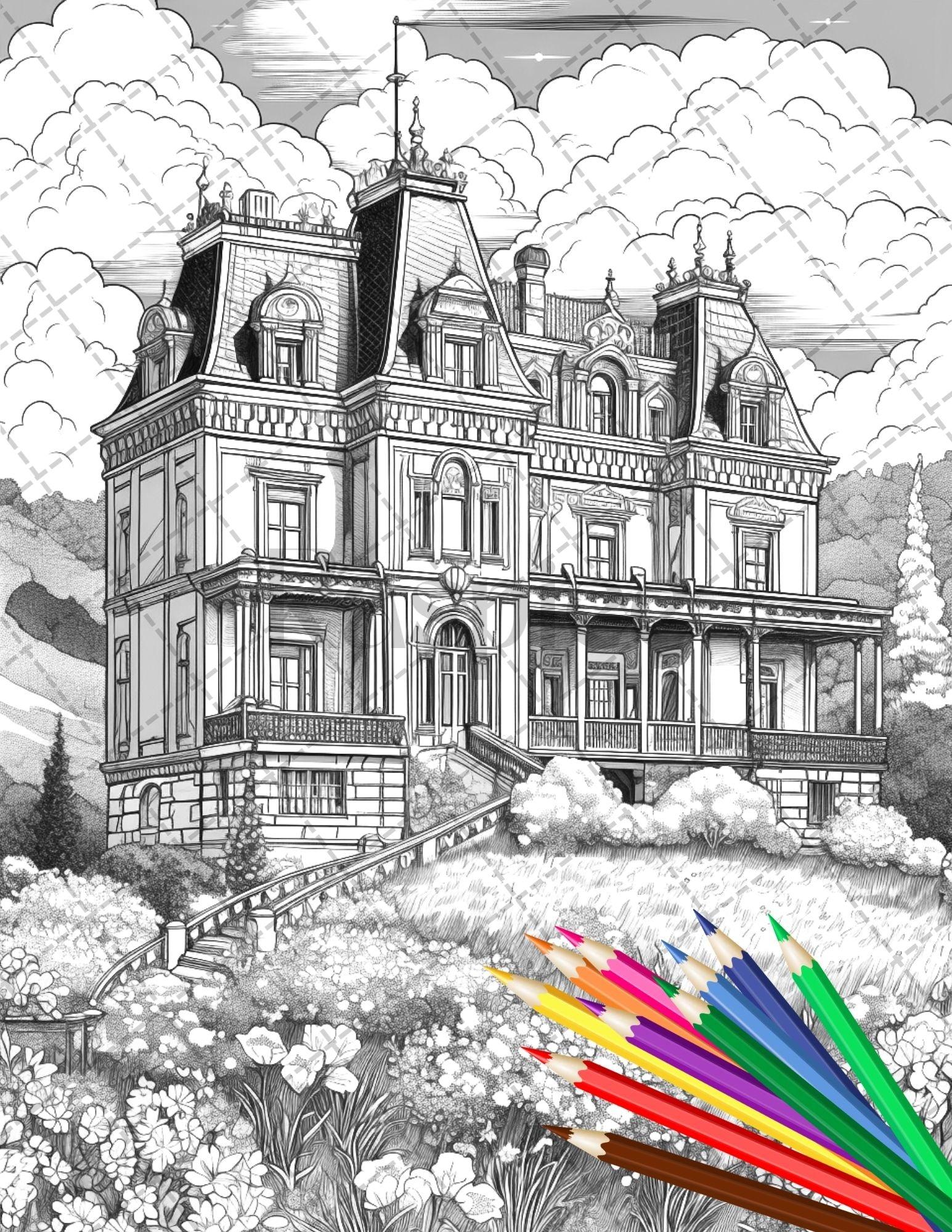 122 Fantasy Castles Coloring Book for Adults, Grayscale Coloring Page, Printable PDF Instant Download