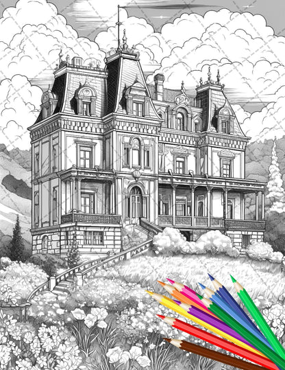 122 Fantasy Castles Coloring Book for Adults, Grayscale Coloring Page, Printable PDF Instant Download