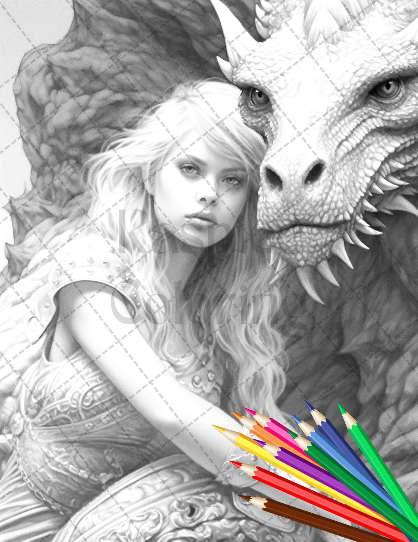 Enchanted Dragon Queens Grayscale Coloring Pages Printable for Adults, PDF File Instant Download