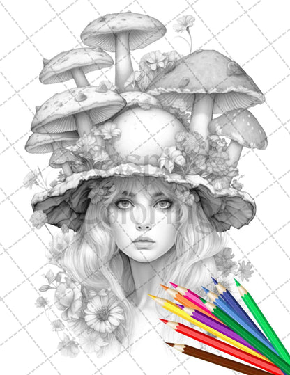 50 Mushroom Fairy Grayscale Coloring Pages Printable for Adults, PDF File Instant Download